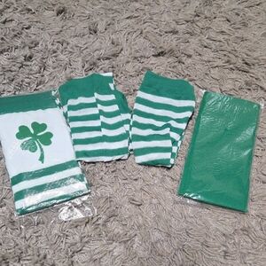 3 Sets Of Green and White Striped Shamrock Thigh High Stockings